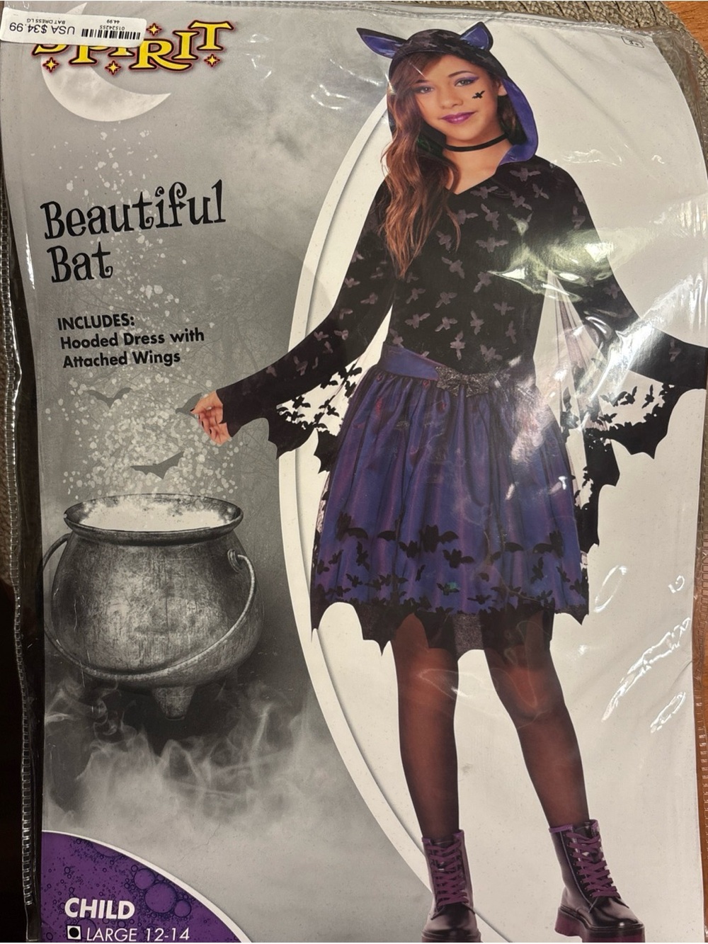 Spirit Girls Black and Purple Bat Hooded Dress Costume Size Large (12-14) NWOTS